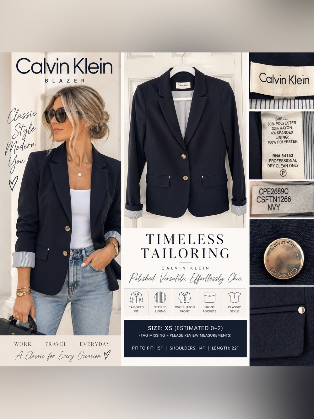 Calvin Klein Navy Fitted Blazer XS Striped Cuff Two Button Career Jacket